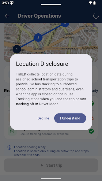 Published TrillED Driver Mode screenshot explaining location access during active trips