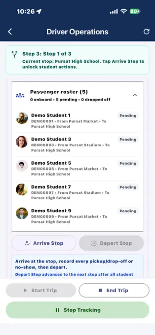 Published TrillED iPhone screenshot showing a demonstration passenger roster and stop actions