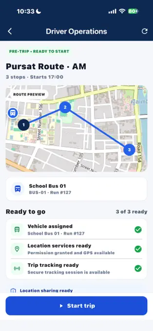 Published TrillED iPhone screenshot showing route stops and pre-trip readiness