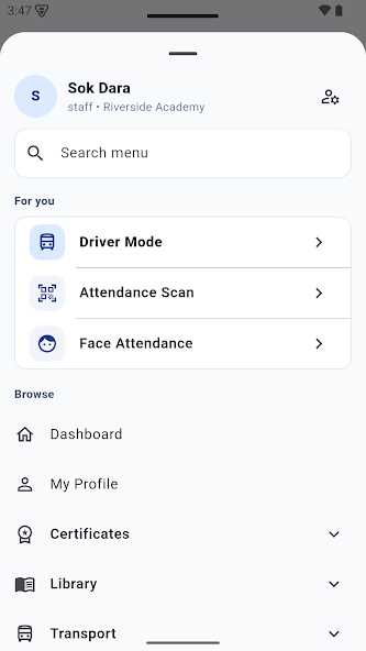 Published TrillED app screenshot showing the role menu and attendance tools
