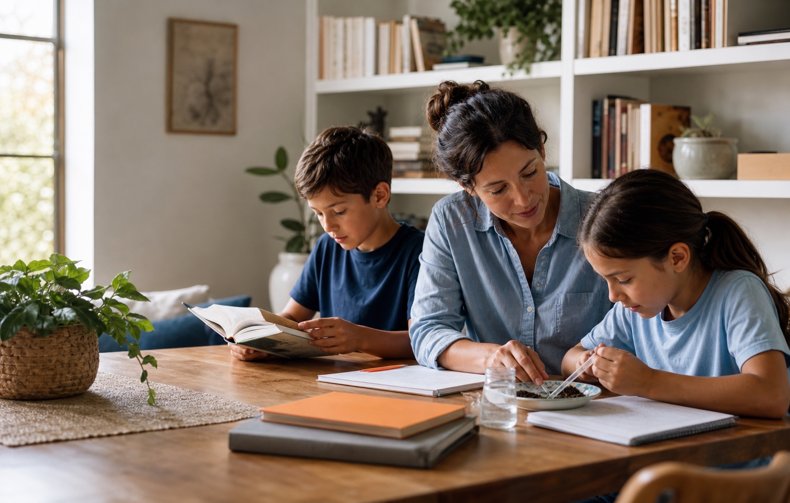 A parent guiding two children as they learn together at a table